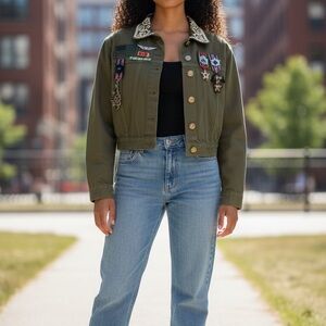 Alice and Olivia small Chloe Women's Olive Military Jacket cropped denim